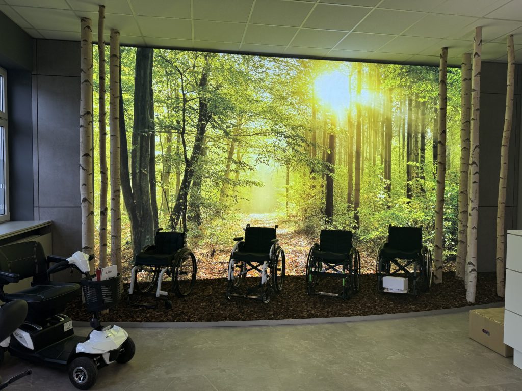 Vier Rollstühle stehen vor einer großen, leuchtenden Wandtapete, die einen sonnenbeschienenen Waldweg darstellt. Links im Bild sind zwei Elektromobile oder Scooter zu sehen. Birkenstämme sind dekorativ vor der Wandtapete platziert. Der Boden ist mit dunklem Mulch ausgelegt, um eine naturnahe Umgebung zu simulieren. Die Szene wirkt wie ein Ausstellungsraum für Mobilitätshilfen.